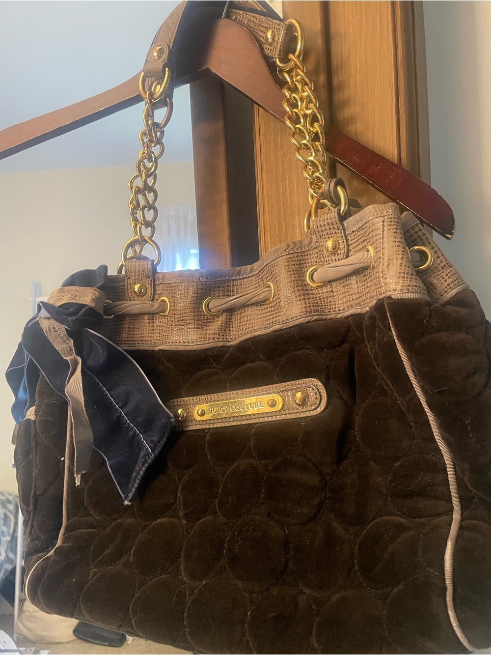 Juicy Couture Brown Quilted Velvet Shoulder Bag with Gold Chain